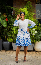 Elegant white with blue floral print shift dress