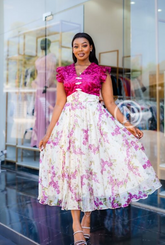 Elegant fuchsia with pink and green floral print midi dress