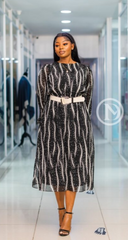 Elegant black with white geometric print midi dress