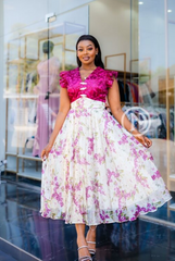 Elegant fuchsia with pink and green floral print midi dress