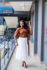 Elegant brown and white colorblock midi dress
