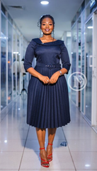 Elegant navy blue pleated midi dress