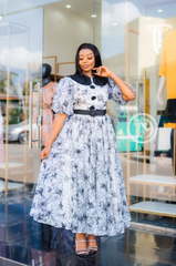 E legant black and white floral midi dress