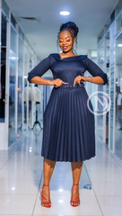 Elegant navy blue pleated midi dress