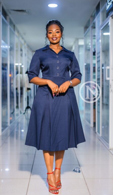 Elegant navy blue A-line midi dress