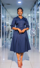 Elegant navy blue A-line midi dress