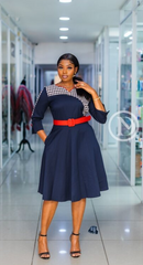 Elegant navy blue midi with houndstooth yoke