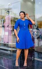 Elegant royal blue pleated skater dress
