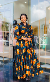 Elegant black with orange floral print maxi dress