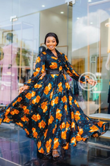 Elegant black with orange floral print maxi dress