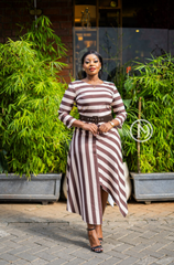 Elegant brown stripped asymmetrical midi dress