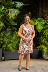 Elegant brown tropical leaf print dress