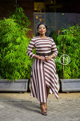 Elegant brown stripped asymmetrical midi dress