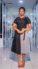 Elegant Black and White Asymmetrical Houndstooth Midi Dress