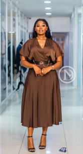 Elegant chocolate brown satin midi dress
