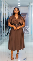 Elegant chocolate brown satin midi dress
