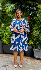 Elegant blue artistic print shift dress