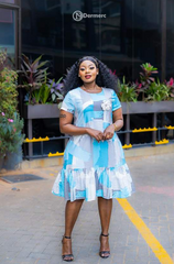 Elegant turquoise blue and grey abstract print A-line dress