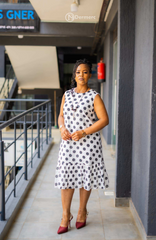 Elegant white with black polka dots A-line dress