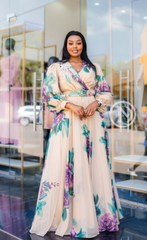 Elegant beige with purple and green floral print maxi dress