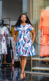 Elegant brushstroke print shift with ruffled hem