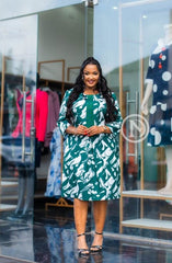 Elegant green and white shift dress