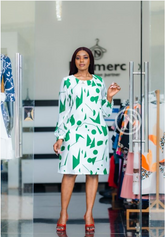 White with green geometric print shift dress