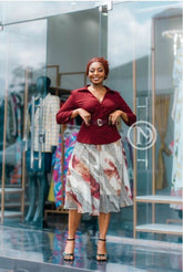 Maroon and abstract print flared dress
