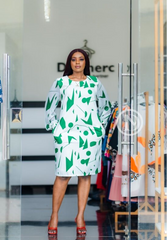 White with green geometric print shift dress