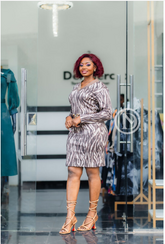 Taupe zebra print belted shift dress