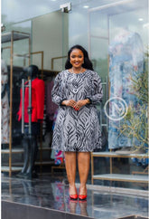 elegant grey zebra patterned shift dress
