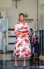 Elegant red floral print midi dress