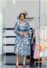 Blue and white patterned midi dress