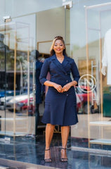 Elegant navy blue  blazer dress with a pleated hem