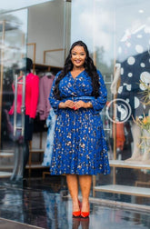 Elegant blue with gold midi dress