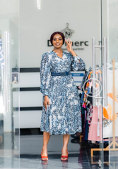 Blue and white patterned midi dress