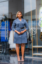 Elegant muted blue- grey shift dress with belt
