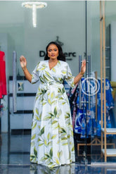 Chic white leafy print wrap dress