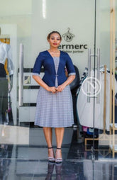 Elegant navy blue and checkered official dress