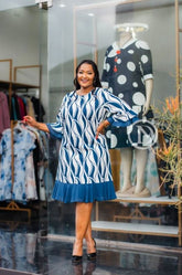 Elegant blue and white shift dress