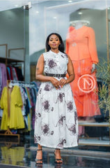 Elegant abstract floral print midi dress