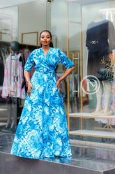 Vibrant blue floral wrap maxi dress