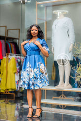 Elegant blue floral skater dress