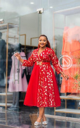 Elegant red with gold midi dress