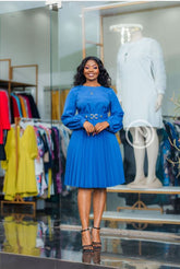 Chic blue pleated skater dress
