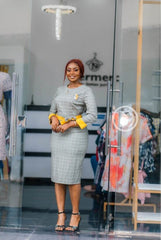 Elegant grey houndstooth pencil dress