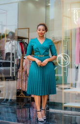 Elegant teal green official pleated skater dress
