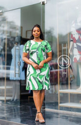 Elegant green abstract print shift dress