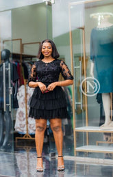 Elegant chic black tiered skater dress