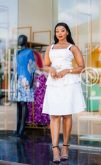 Elegant sleeveless white skater dress with gold accents